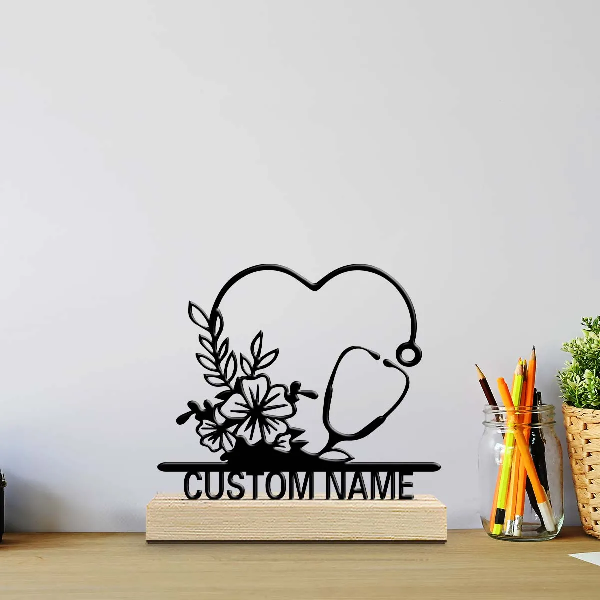 1pc Personalized Desktop Metal Ornaments Customizable Name With Wooden Base Housewarming Gift,Metal Ornament Decoration