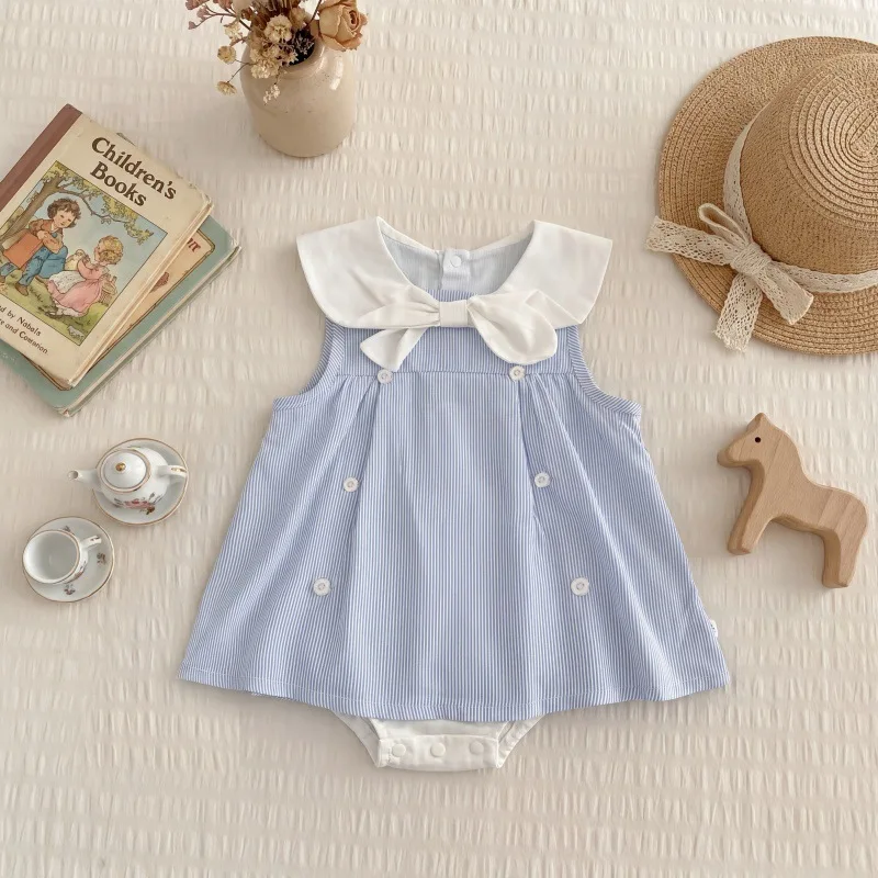 New Arrival Toddler Girl Korean Fashion Gown, Naval Neck Knot Adorn Infant Jumpsuit for 66-90cm