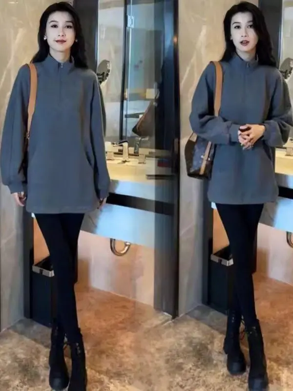 

Модная женская толстовка с воротником на молнии, с длинными рукавами, на флисовой подкладке, повседневный топ в корейском стиле, средней длины, осенне-зимняя новинка...