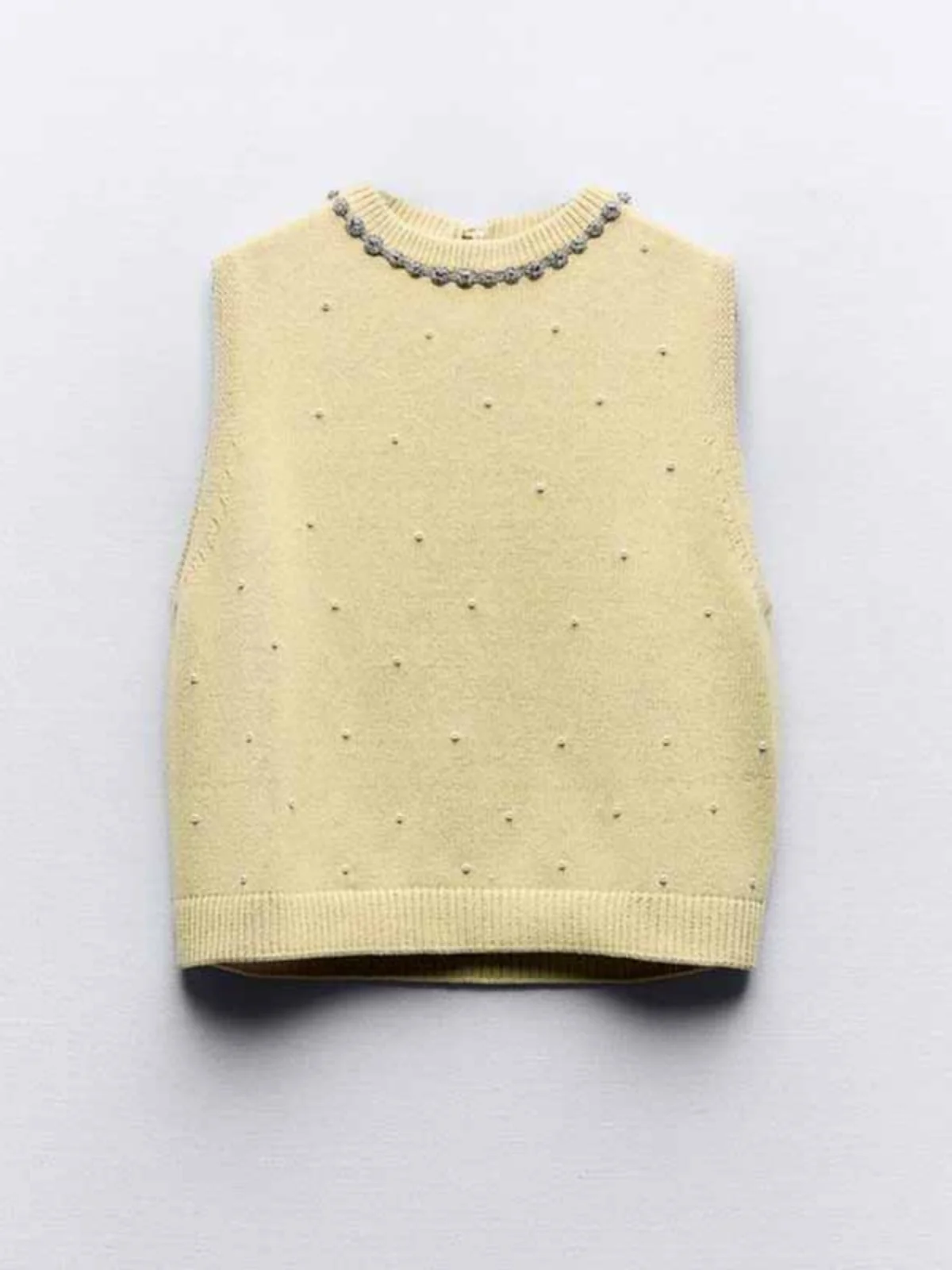 

Женский вязаный топ с жемчужной отделкой и круглым вырезом, украшенный бисером, однотонный, летний, модный, повседневный