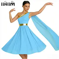 Disfraz de actuación de danza y Ballet para mujer, adoración lírica, un hombro con drapeado, vestido tipo túnica con dobladillo con abertura brillante metálico