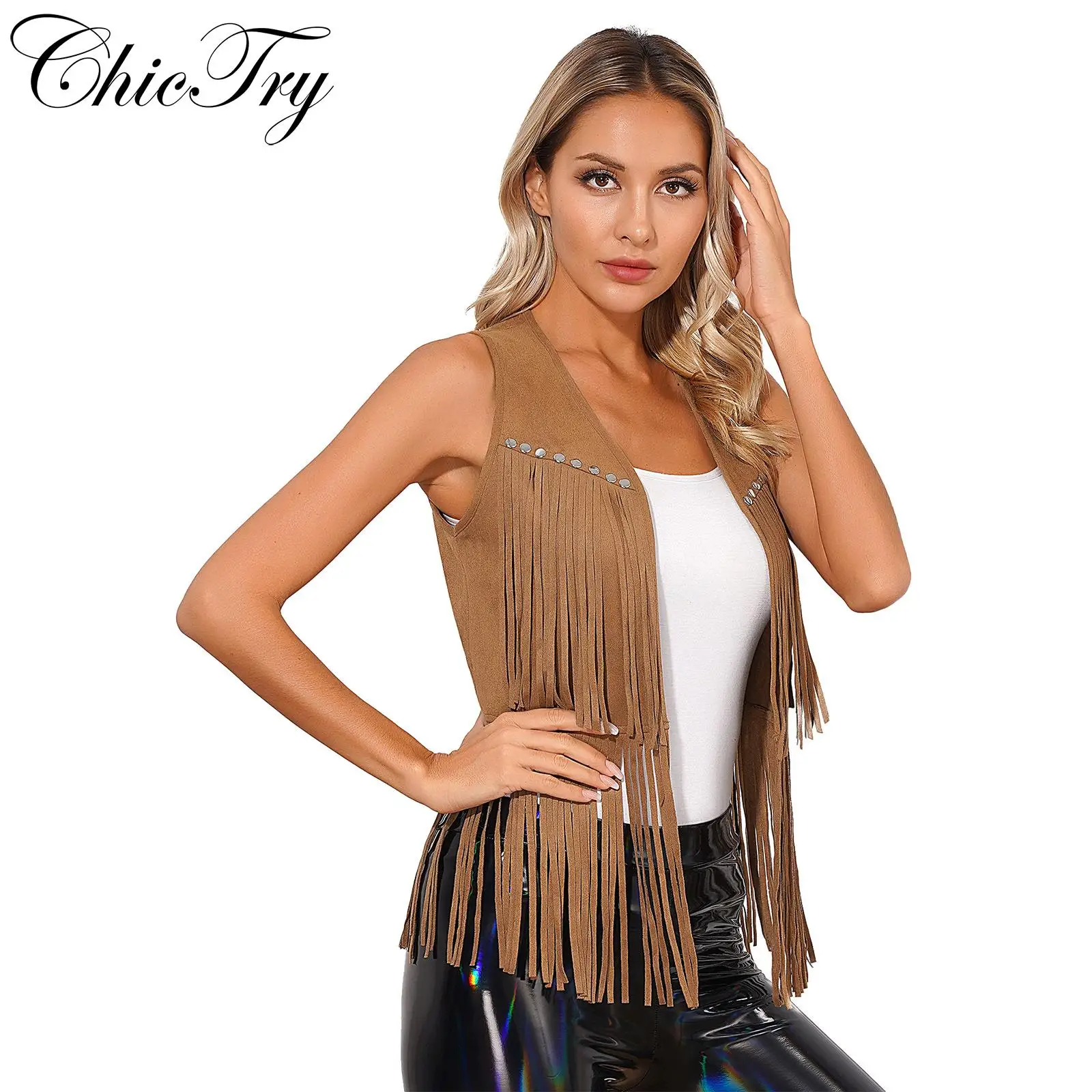 Women Western Cowboy Cosplay Costume Halloween Party Vest Faux Suede Tassel Rivets Fringe Waistcoat Open Front Sleeveless Jacket