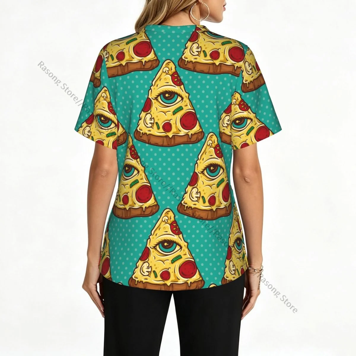 Women V Neck Scrub Top All Seeing Eye Pizza Slice Short Sleeve Nurse Hospital Uniforms Female Working Clothes with Pocket