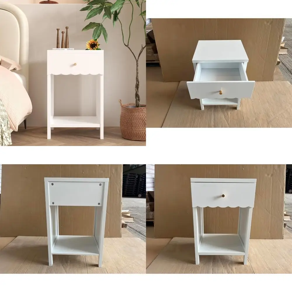 

elegant white nightstand with drawer and open shelf, scalloped edge table for bedroom, minimalist side table for kids' room