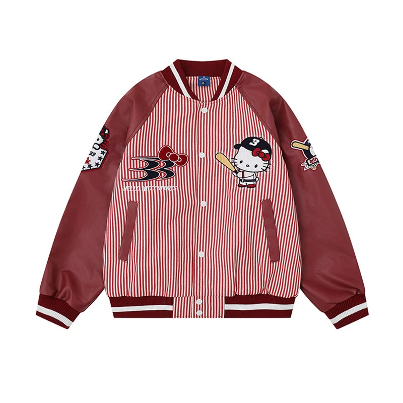 

Hello Kitty cute Red Striped Varsity Jacket, Women's Leather Patchwork Embroidered Bomber Coat Streetwear, Sanrio Y2K Outerwear