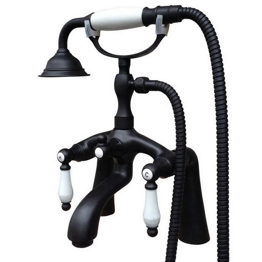Bathroom Black Oil Rubbed Bronze Deck Mounted Clawfoot Tub Filler Faucet Handshower Double Ceramic Handles atf514