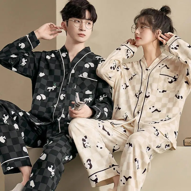 Couple Pajamas 100% Cotton 2023 Women's Pajamas Autumn and Spring V-neck Button Cardigan Loungewear Women Men Sleepwear