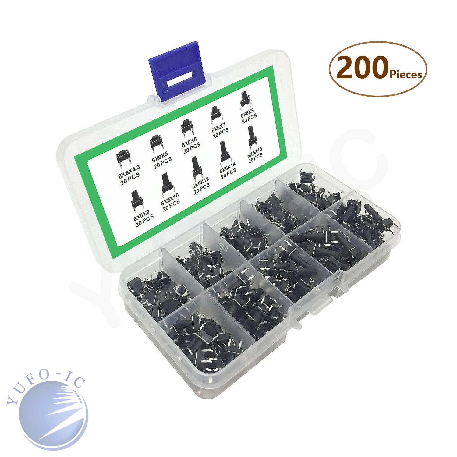 10values*20pcs=200pcs Micro Touch Button Switch Kit 6X6X4.3/5/6/7/8/9/10/12/14//16mm Height Press Switch Box 6*6mm Assortment