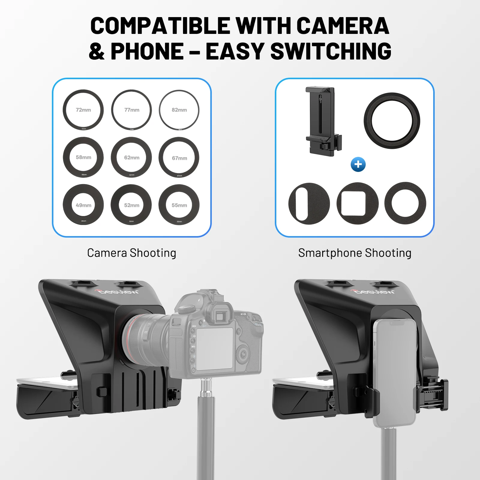 Desview T5 Teleprompter for Smartphone/11'' Tablet/DSLR 49-82mm Adapter Rings, Durable Coated Glass, Bluetooth Remote & Free APP