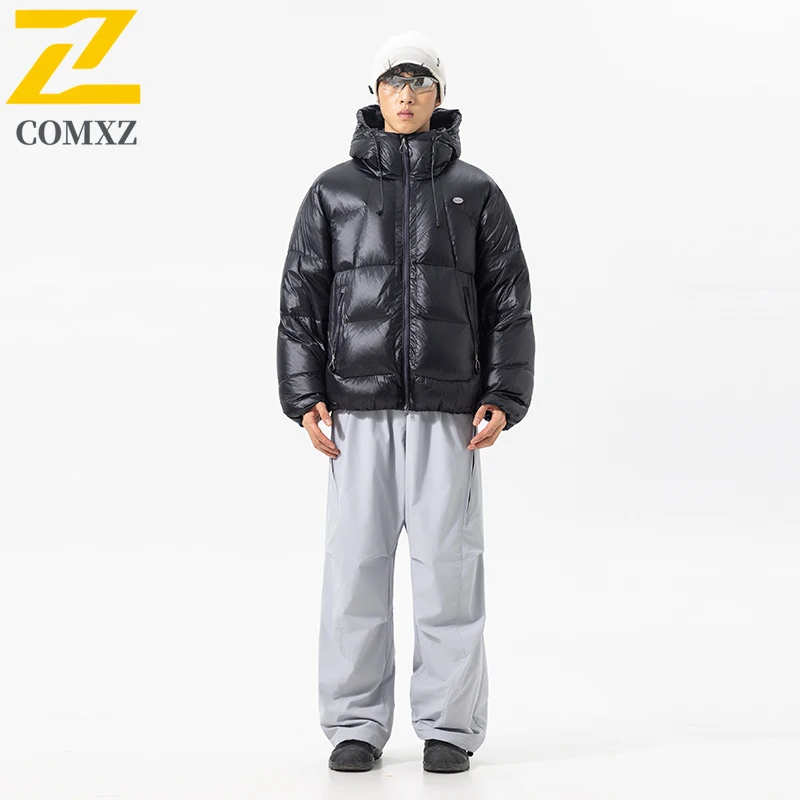 

COMXZ Winter Down Jacket Men Gorpcore Grade Fluffy Warm 90% Duck Down Coat Women Snow Ski Short Hooded Lightweight Puffer Jacket