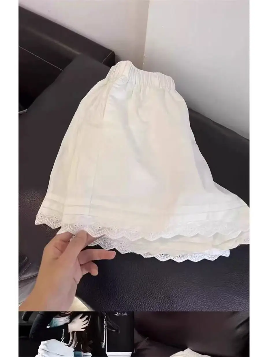 

White Lace Trim Splice Casual Shorts Women's Summer New Loose Match Home Wide Leg Pants High Waist Commute Style Korean Version