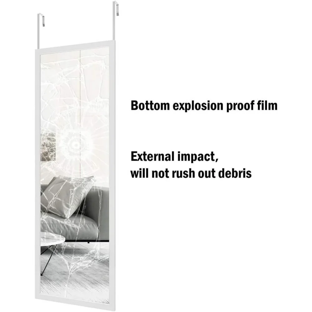 Lustro nad drzwi o pełnej długości 48x16 cali z metalowymi wieszakami do sypialni, salonu, łazienki, montowane na ścianie, białe.