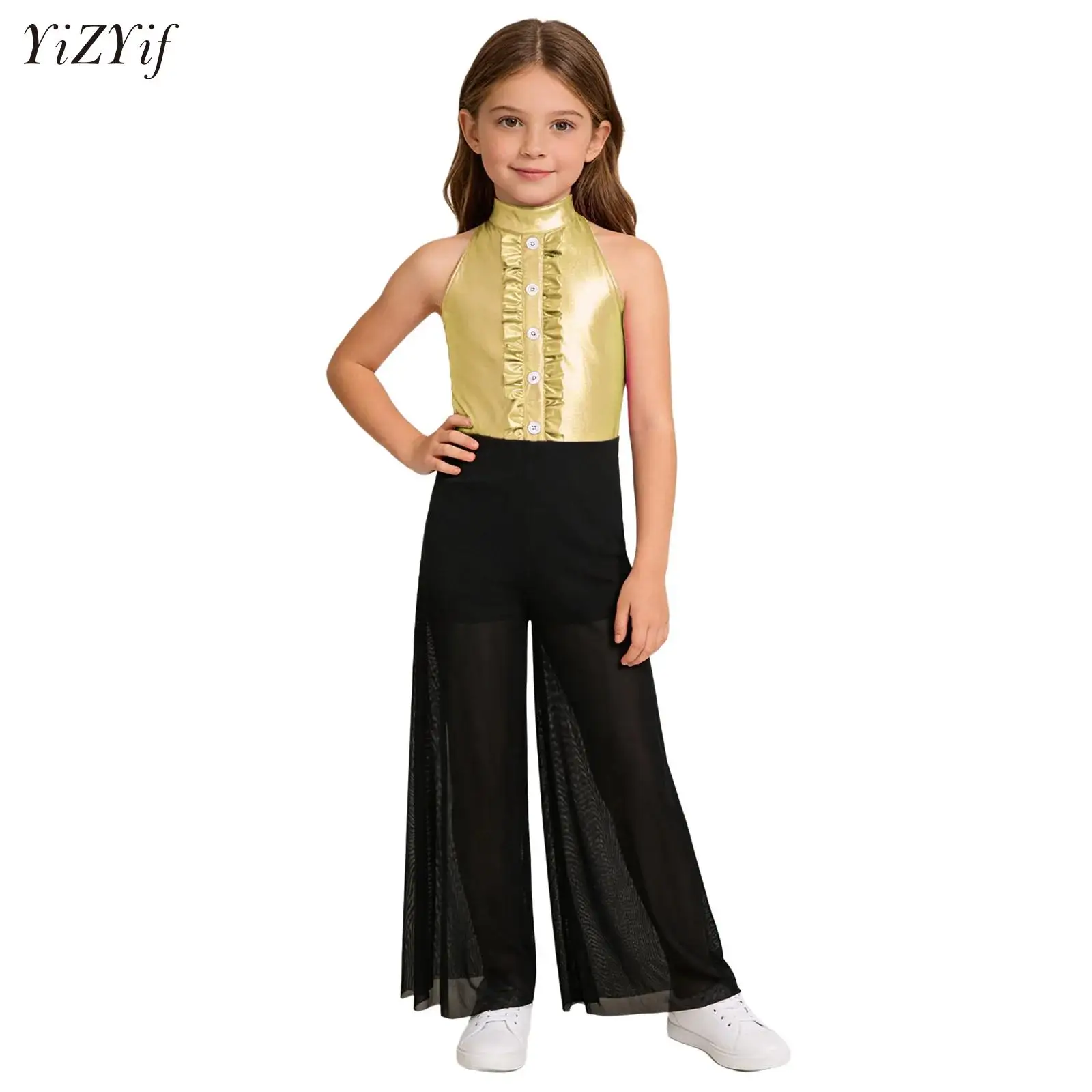 

Big Girls Lyrical Jazz Dance Jumpsuit Sleeveless Shiny Metallic Bodice Shimmery Mesh Wide-Leg Bodysuit for Ballroom Modern Dance