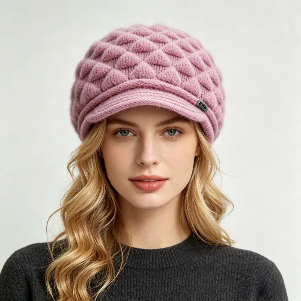 New Diamond Pattern Women's Winter Visor Beanie Extended Sides Loose Fit Newsboy Knit Cap Soft Lined Warm Ski Cap Skiing