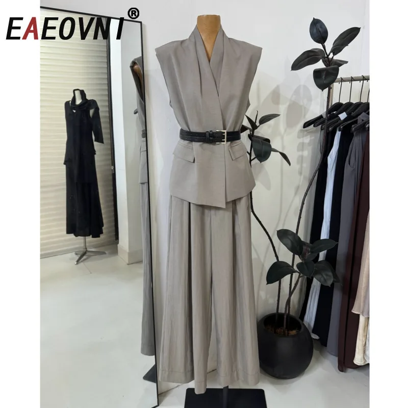 

EAEOVNI Office Lady Sleeveless Women Two Piece Set V Neck Belt Gathered Waist Vest Coat + Wide Leg Long Pants Fashion 2025 New