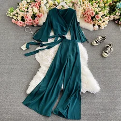 Women Fashion Chiffon Set Solid Drawstring Slim Top Blouse Shirt & Wide-leg Pants Sets Ladies 2pcs Ladies Vacation Suits