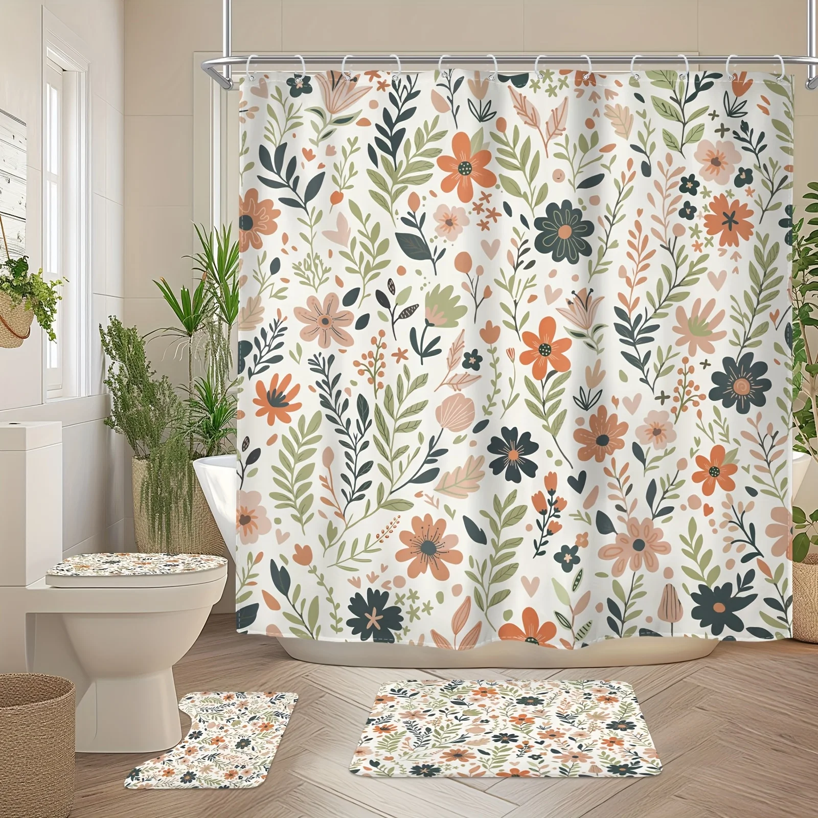 4pcs - Flower And Plant Shower Curtain Set, Including Shower Curtain With 12 Plastic Hooks, Bathroom Anti-slip, Toilet U-Shaped, Cover, Cute Farmhouse Flowers And Leaves Modern Plant Art Home Decor Accessories