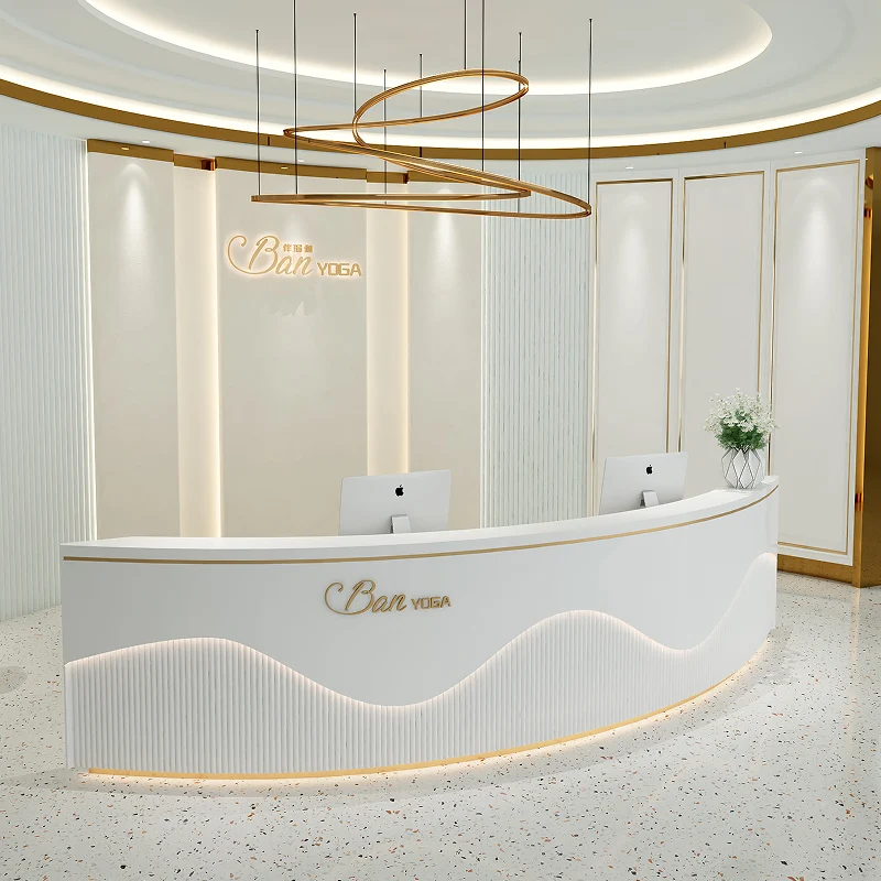 Modern Small Simple Checkstand Cashier Mdf Table Salon Checkout Counter Office Furniture Curved Reception Desk