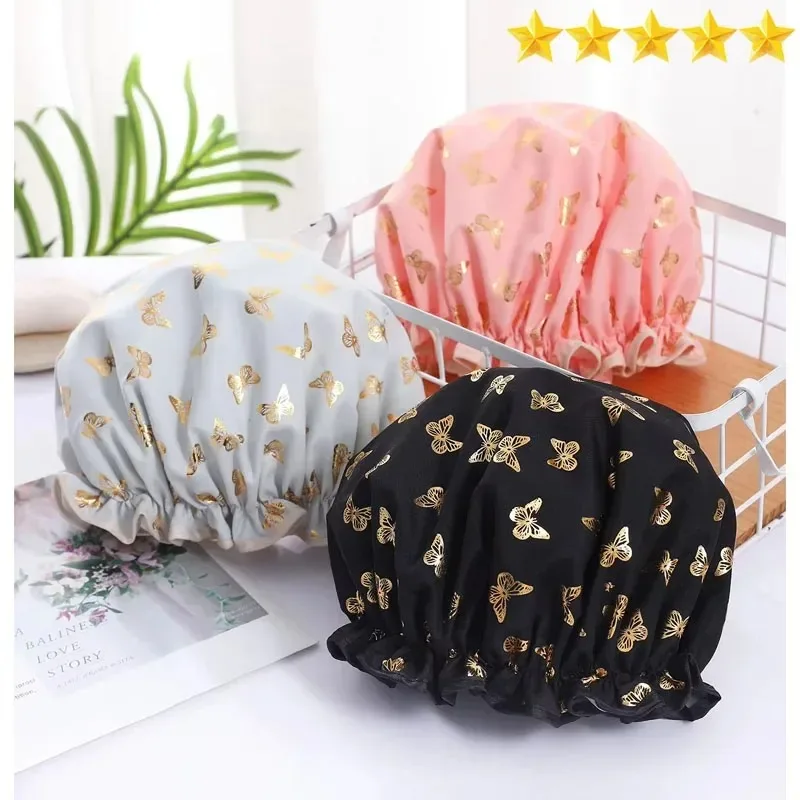 

Waterproof Double Shower Cap Gold Printed Terylene Cotton Hair Cap for Women Bathing Essential