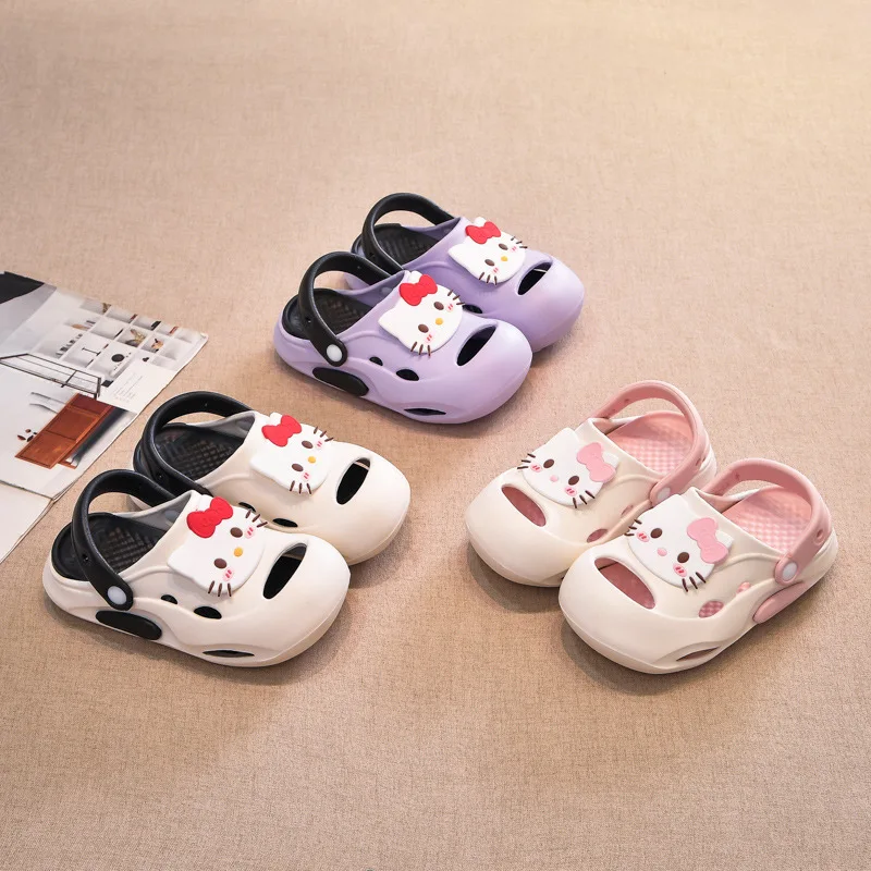 

Детские тапочки Hello Kitty, модная летняя обувь из ЭВА для детей, нескользящие мягкие домашние тапочки на толстой подошве, розовые, фиолетовые, размер 24-35