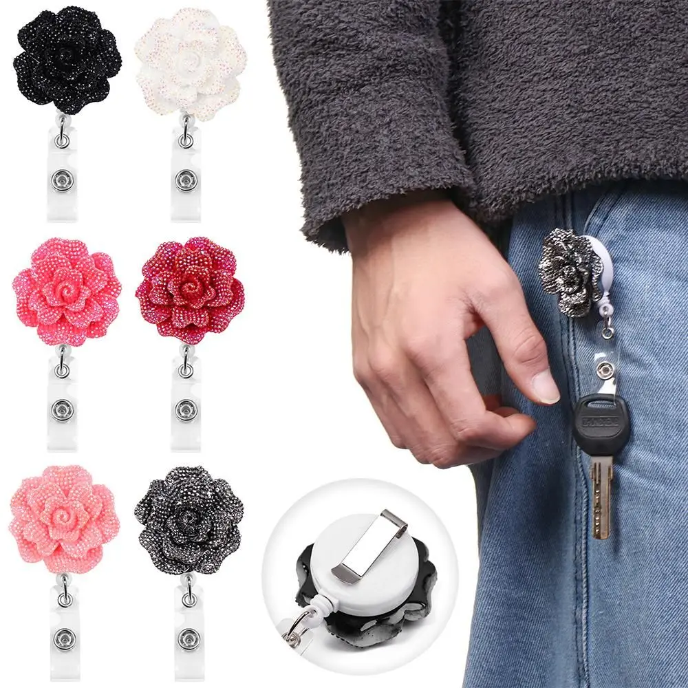 Unisex Office Supplies Anti-Lost Clip Stationery Retractable Lanyards Badge Reel Key Ring Rose Shape Badges Holder
