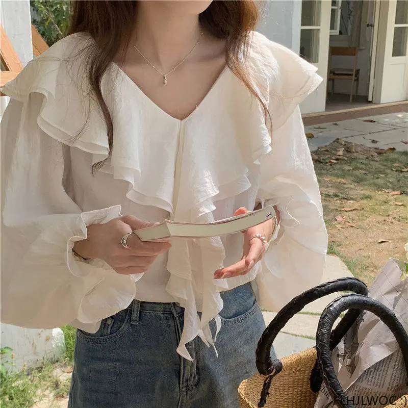 Layer Ruffles Tops Women Korean Style Design Clothes Flare Sleeve Elegant Office Lady White Sweet Girls Basic Shirts Blouses