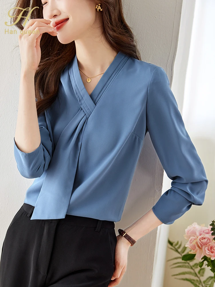 H Han Queen Autumn Blouses Loose Long Sleeve Career Interview Attire Chiffon Blouse Casual Tops Women\'s Business Vintage Shirt