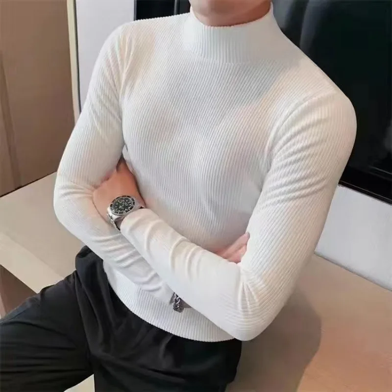 Men Fleece Lined Rib Striped Sweatshirts Half-neck Collar Solid Classic Slim Fit Business T-Shirt Elastic Pullover Men Clothing