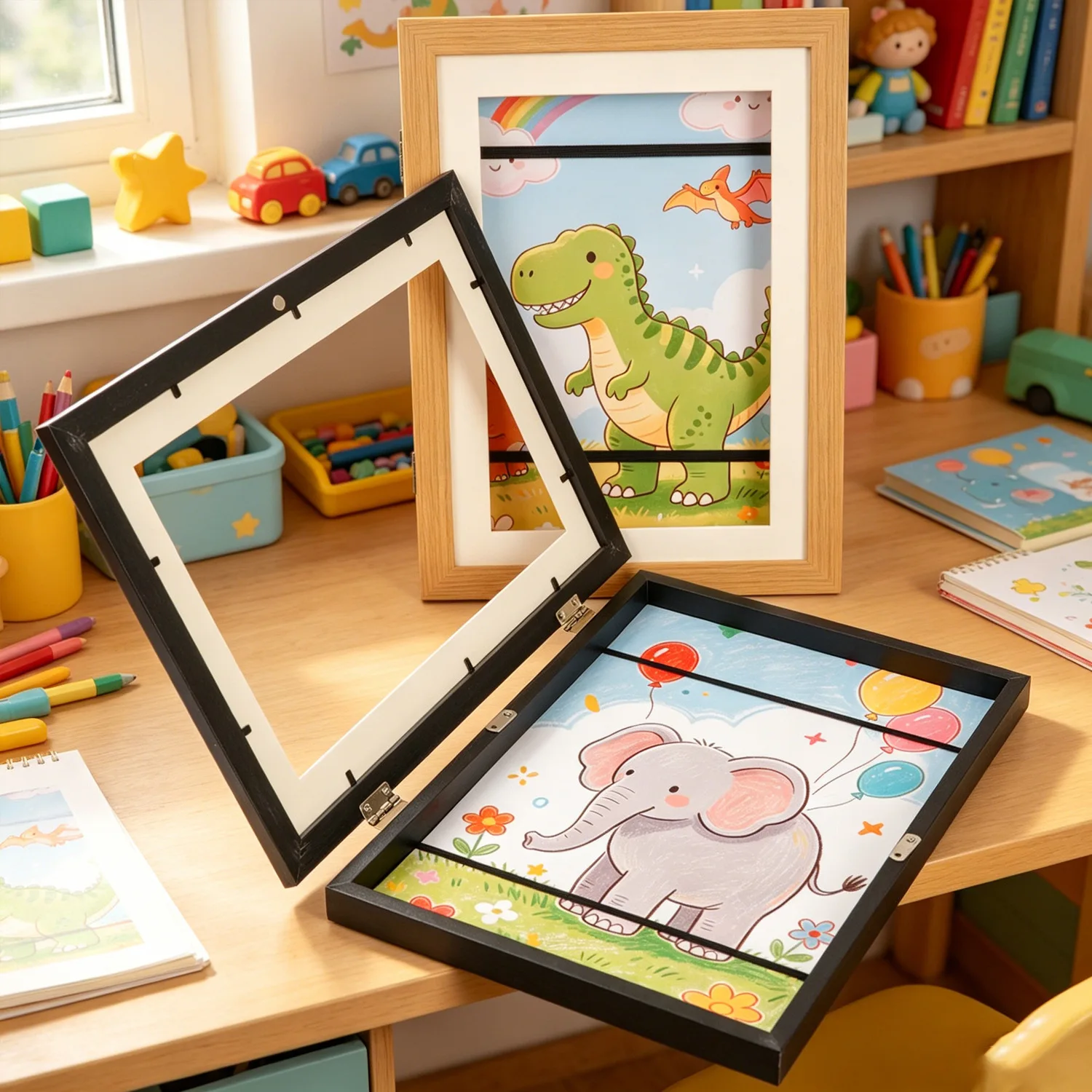 Sturdy A4 Kids Artwork Frame Without Mat Magnetic Front Opening Door Holds 100 Art Pieces Children Wall Mounted Storage Frame