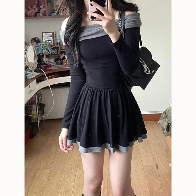 French Bow Contrast Splicing Suspender Dress With New Temperament Waist-hugging And Slimming A-line Short Skirt