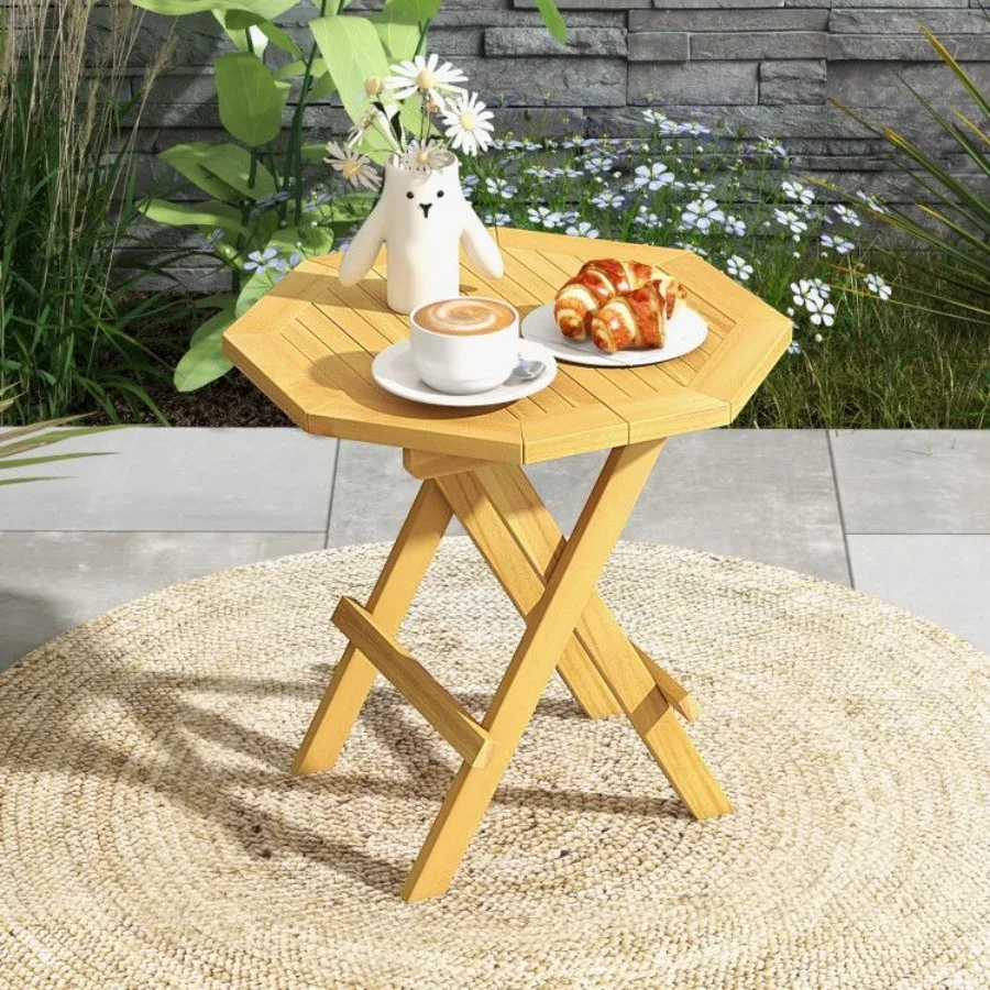 

Octagon coffee table for living room use, made of teak wood, natural color, featuring X-shaped legs and slatted tabletop design