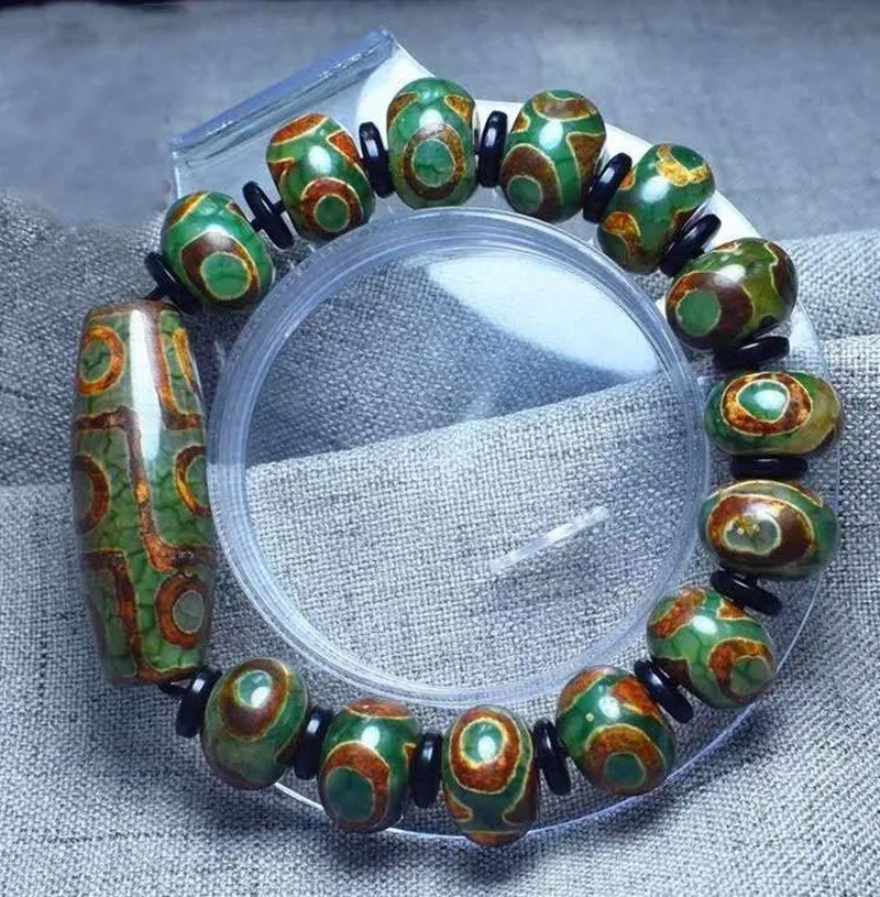 Tibetan Agate Green Three and Nine Eye DZi Bracelets, Men's and Women's National Style Versatile Bracelet