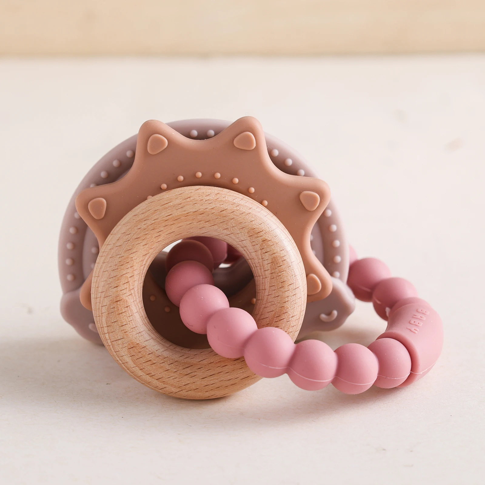 Baby Teething Rattle Set, Dinosaur Food-Grade Silicone & Natural Beech Wood, Easy-Grip Sensory Chewable, Baby Gift 0-12M