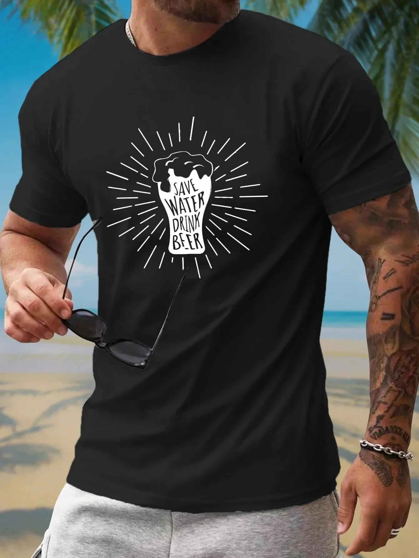 Funny Save Water Drink Beer Graphic T‑Shirt Beer Mug Print Short Sleeve Crew Neck Casual Party Holiday Tee Shirts