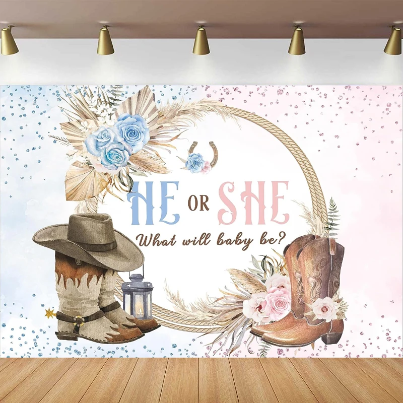 

Cowboy Or Cowgirl Gender Reveal Photography Backdrop For Rustic Farmhouse Flower Floral Pampas Boots Western Plant Background