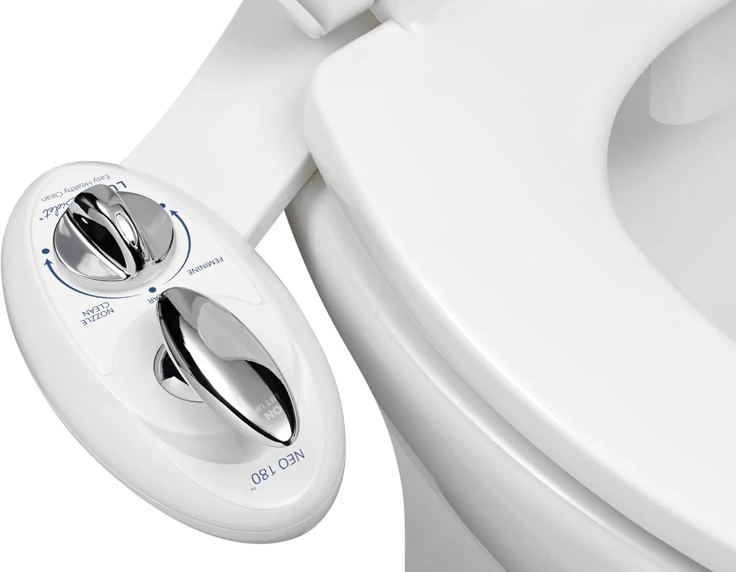 

NEO 180 - Dual Nozzle, Self-Cleaning, Non-Electric Bidet Attachment for Toilet Seat, Adjustable Water Pressure, Rear