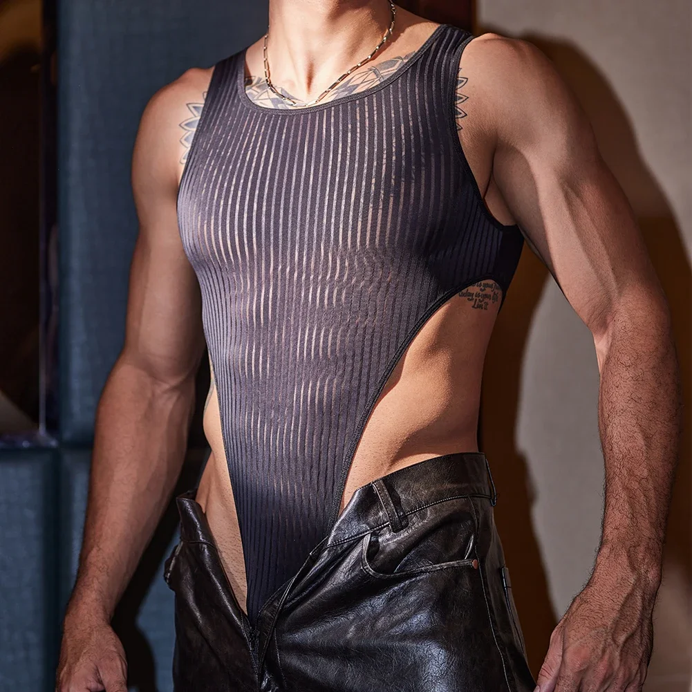 

Elastic Pajamas Mens Bodysuit Brand New Classic Style For Male Medium Stretch Elastic Bodysuit Pajamas Striped Bodysuit