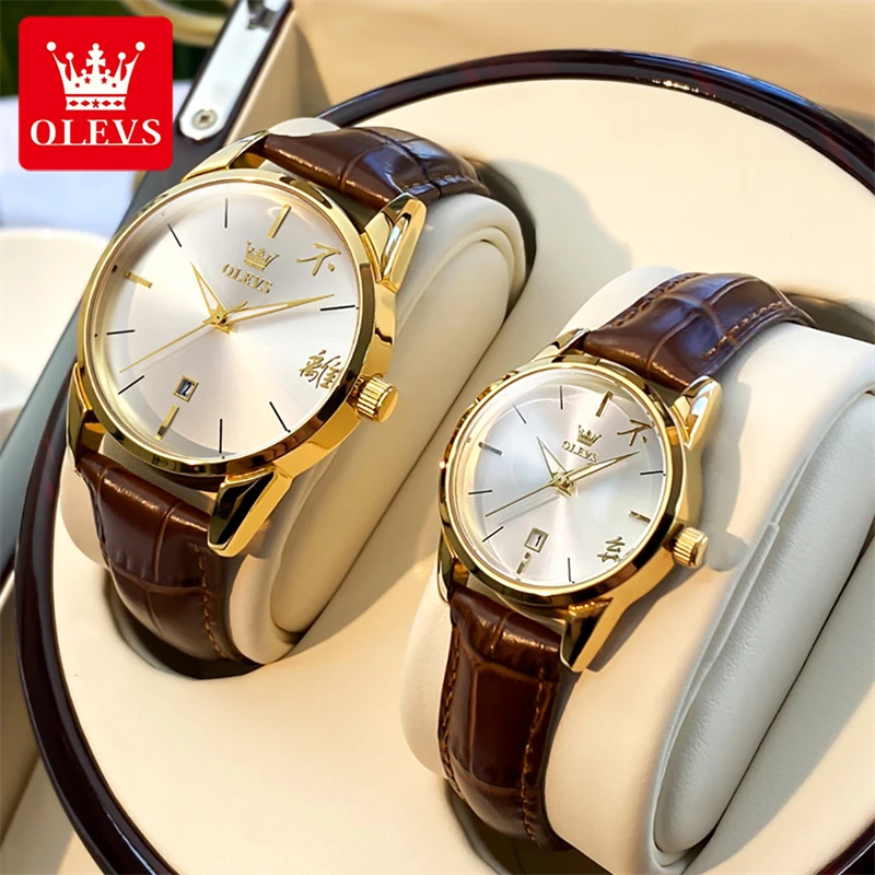 OLEVS-Montre à quartz étanche en cuir pour hommes et femmes, montres-bracelets pour amoureux, mains shoes, calendrier, couple, tout neuf, mode