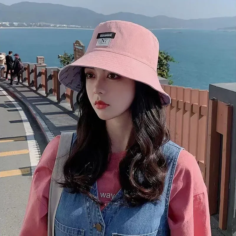 両面着用女性バケットハット韓国のファッションレタープリント漁師帽子女の子の夏の屋外ビーチ盆地キャップ