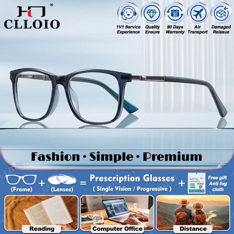 

CLLOIO Trendy Blue Light Blocking Square Frame Myopia Optical Eyeware Men Photochromic Progressive Prescription Reading Glasses