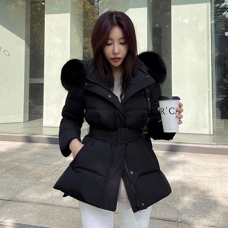Chic Vintage Winter Coat Women's Cotton Jacket with Detachable Fur Collar Waist-Cinching Hooded Outerwear for Ladies