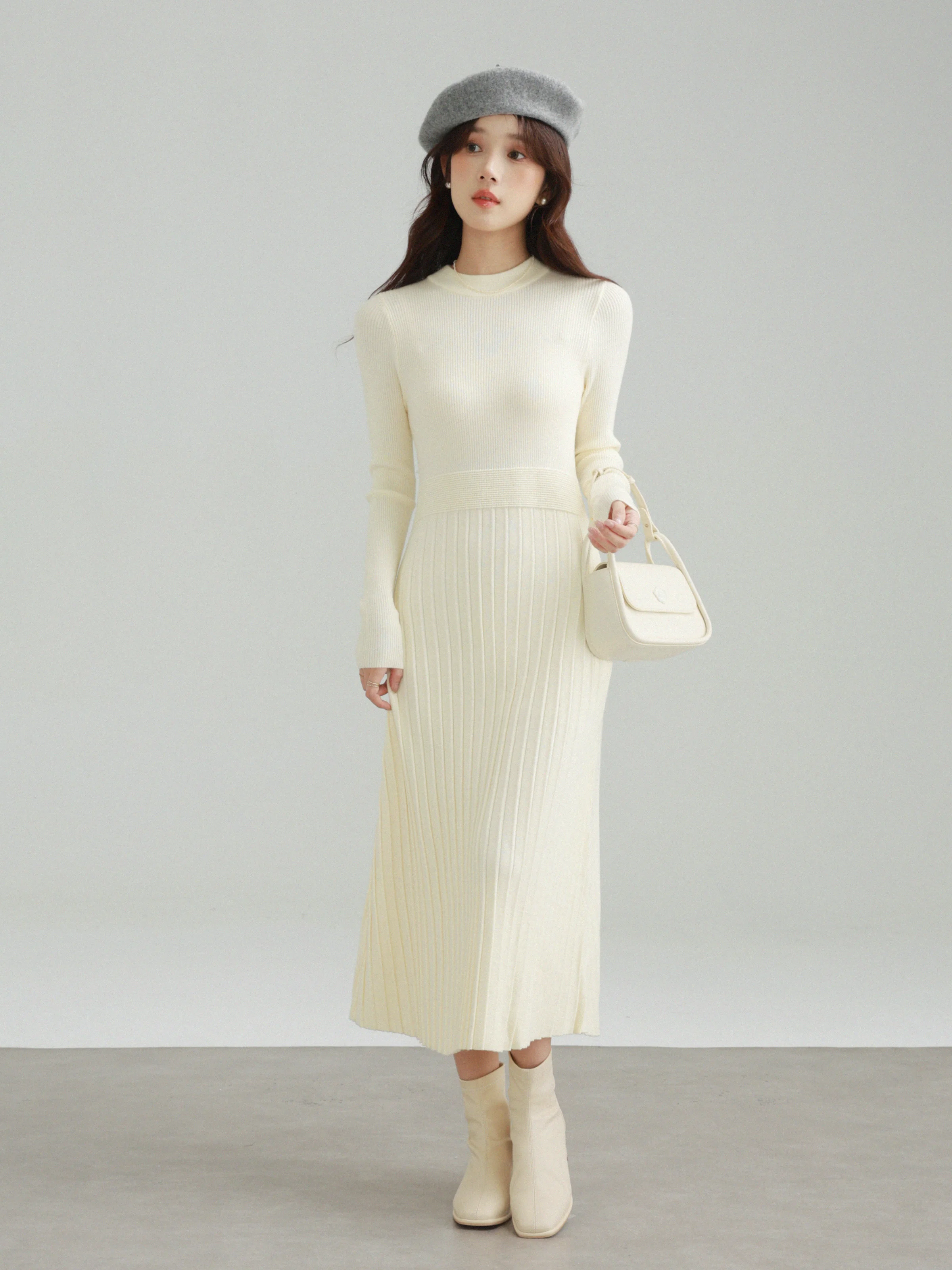 Vestido de malha elegante para mulheres, vestido suéter de manga comprida, cintura alta, vestido midi canelado para camadas de outono e escritório casual