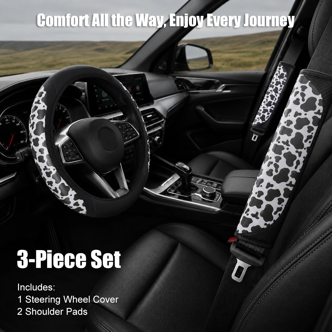 3PCS Cow Pattern PU Leather Car Interior Set, Includes 1 Steering Wheel Cover and 2 Seatbelt Shoulder Pads, Easy to Install