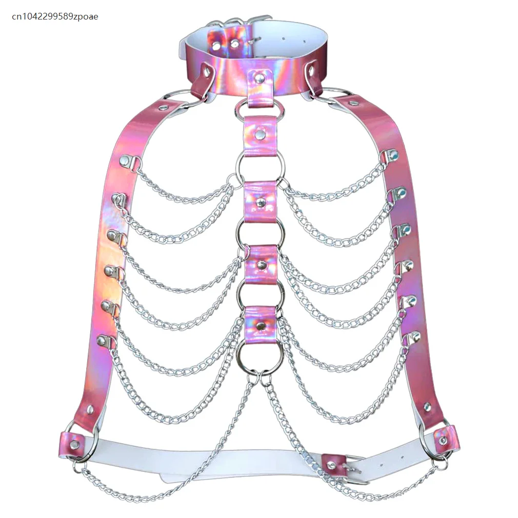 

Sexy Hot Girl Laser Chest Chain Suspender Punk Leather Chain Drawstring Top Women's Rainbow Belt Festival Carnival Outfit 2025