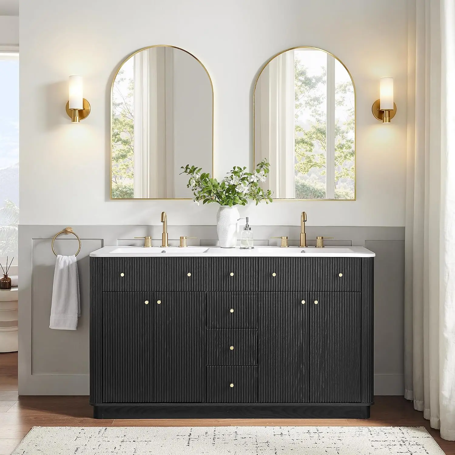 60" Fluted Bathroom Vanity with Double Sink, Black Oak