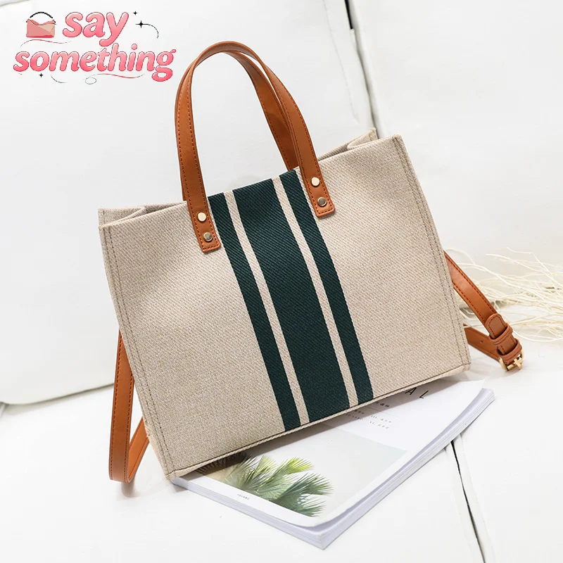 

﻿ Large Capacity Canvas Tote Shoulder Top Handle Bag Women Korean Style Striped Simple Commuter Briefcase Handbag