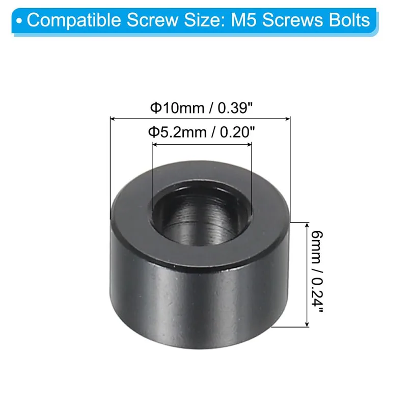20Pcs M5 Black Aluminum Spacer 6mm High Precision Round Spacer Standoff Non-Threaded Washer OD 10mm ID 5.2mm