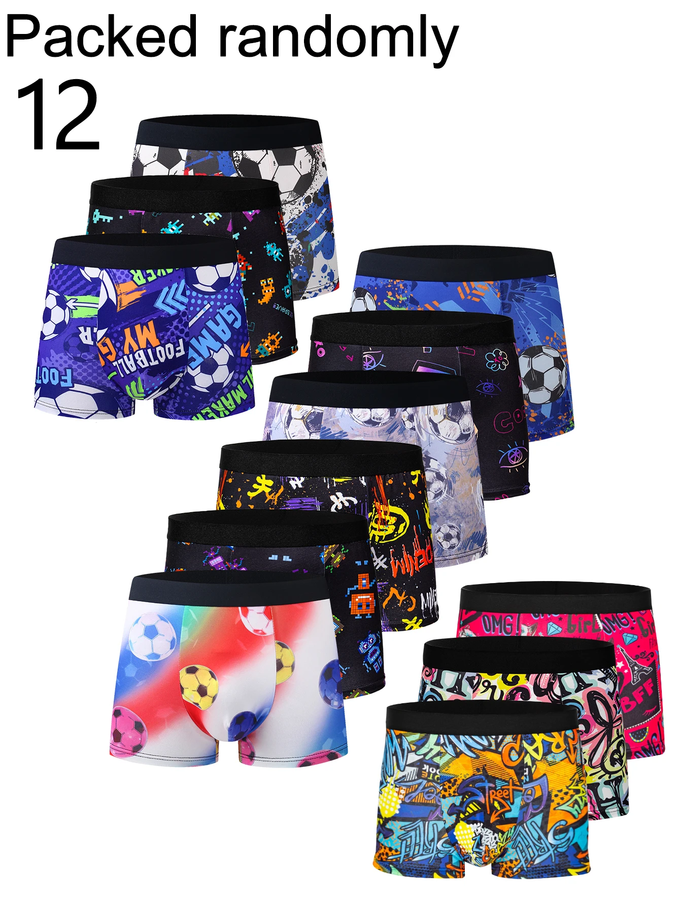 12-Pack Men's Boxer Briefs Football Game Graffiti Print Youth Casual Shorts Multiple Colors Random Delivery Four Corner Underwea