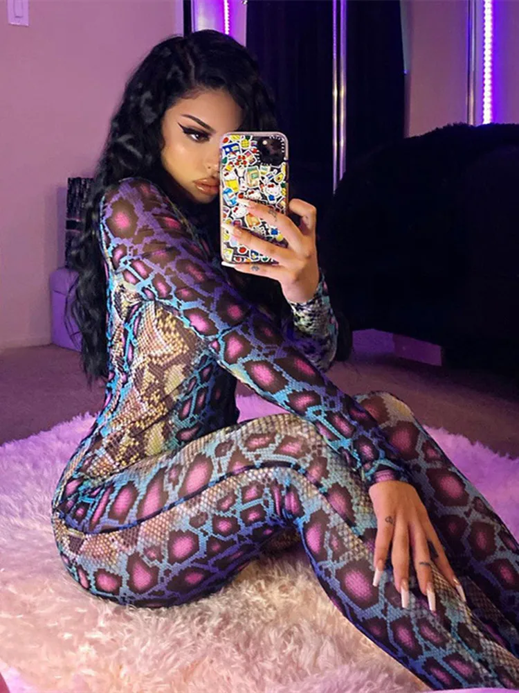 WeiYao Sexy Spicy Women Jumpsuit Serpentine Print O-neck Long Sleeve Bodycon Jumpsuit Party Club Streetwear Chic Women Clothes