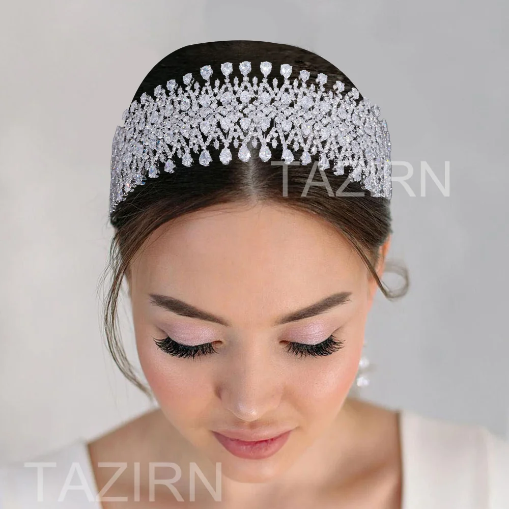 TAZIRN 5A Cubic Zirconia Bridal Wedding Big Headband Women Luxury Sparkling Handmade CZ Hairband Jewelry Head Accessories Gifts